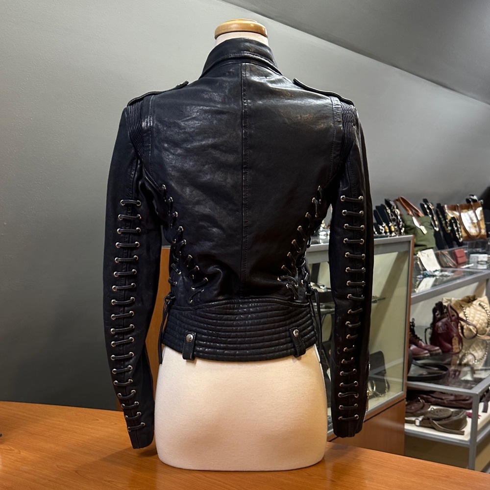 Barbara Bui Dark Blue Lamb Leather Moto Jacket - Picture 2 of 7